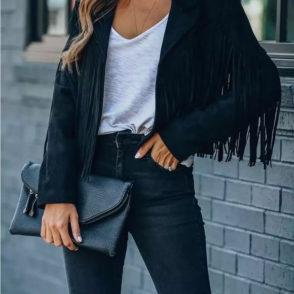 Black Tassel suede boho festival fringe jacket long sleeve jacket - Picture 9 of 9